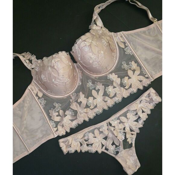 Victoria's Secret longline 36C BRA SET+BRALETTE+ROBE dusty pink taupe APPLIQUE - Picture 8 of 11